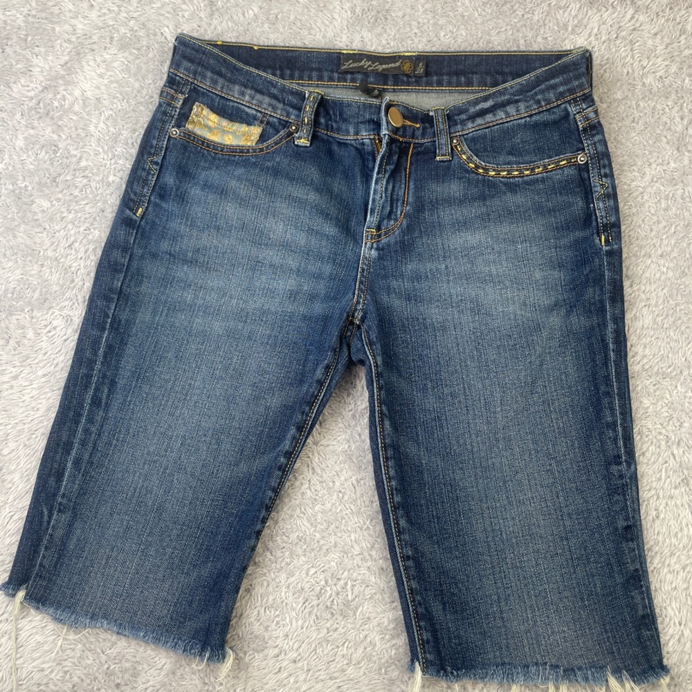 Lucky Brand Denim Shorts Womens 6 Blue Lucky Legend Peace Sign Raw‎ Hem